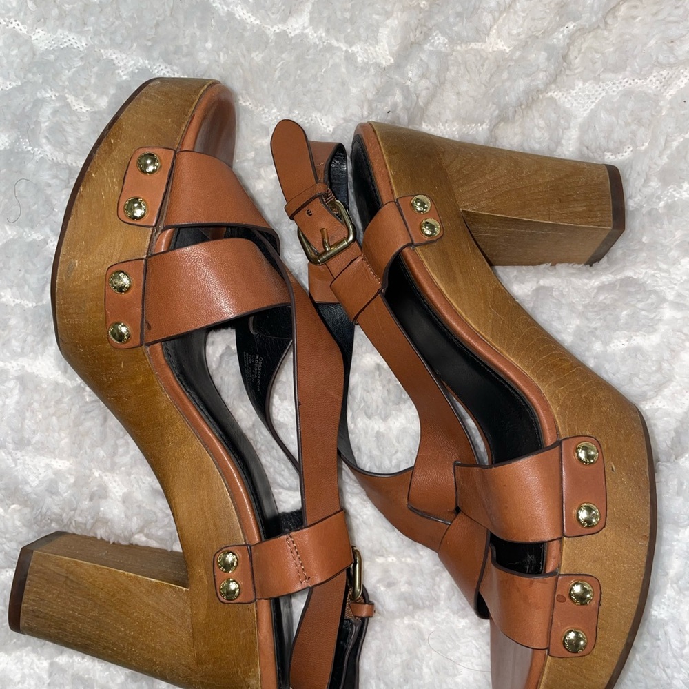 Coach Tan Leather and Wood Platform Heel Sandals